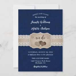 Rustic Navy Blue Burlap en Lace Wedding Kaart