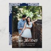Rustic Navy Blue Burlap en Lace Wedding Photo Save The Date (Voorkant / Achterkant)