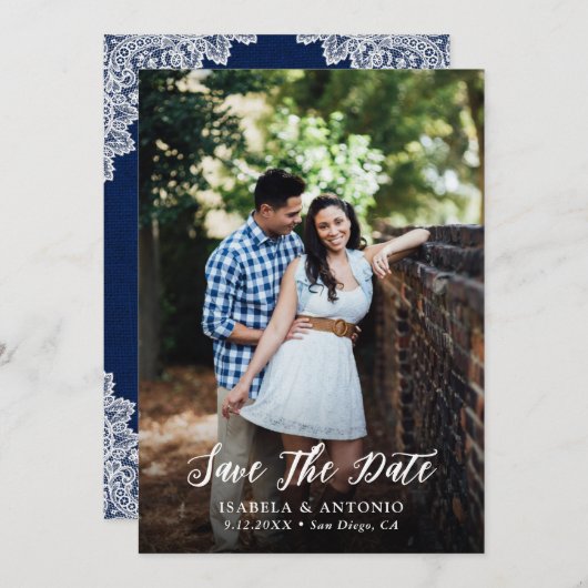 Rustic Navy Blue Burlap en Lace Wedding Photo Save The Date (Voorkant / Achterkant)