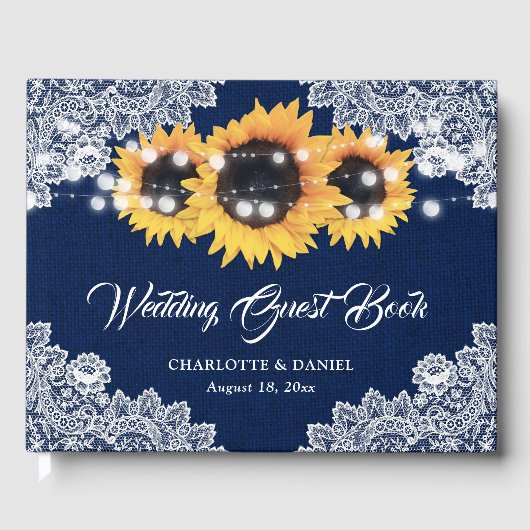 Rustic Navy Blue Burlap Lace Sunflower Wedding Gastenboek (Voorkant)