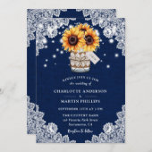 Rustic Navy Blue Burlap Lace Sunflower Wedding Kaart (Voorkant / Achterkant)