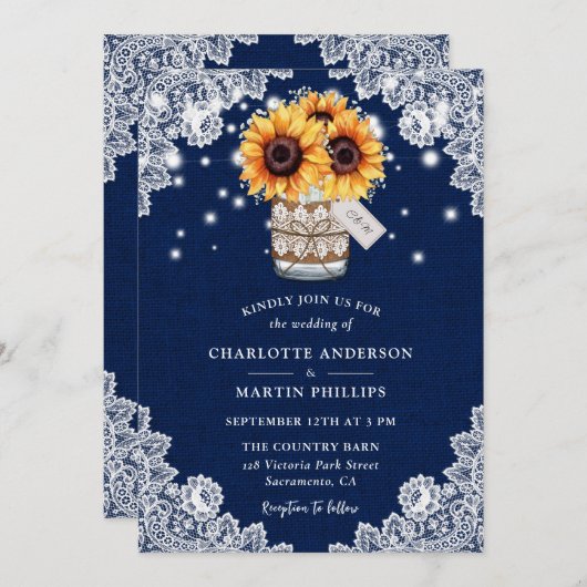 Rustic Navy Blue Burlap Lace Sunflower Wedding Kaart (Voorkant / Achterkant)