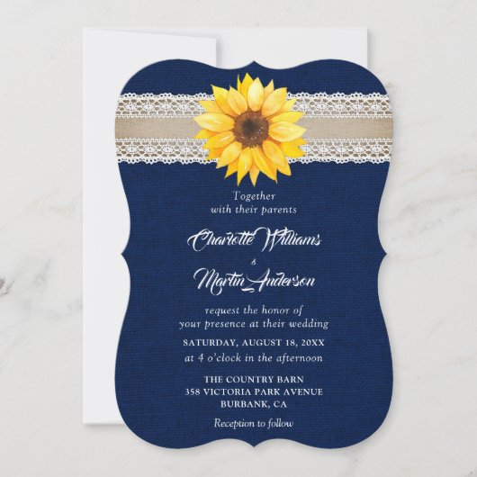 Rustic Navy Blue Burlap Lace Sunflower Wedding Kaart (Voorkant)