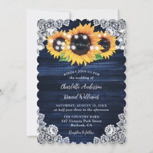 Rustic Navy Blue Burlap Lace Sunflower Wedding Kaart (Voorkant)