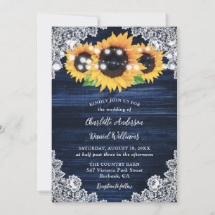 Rustic Navy Blue Burlap Lace Sunflower Wedding Kaart