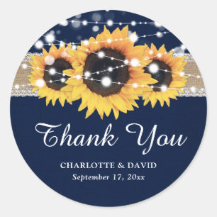 Rustic Navy Blue Burlap Lace Sunflower Wedding Ronde Sticker