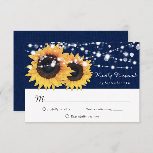 Rustic Navy Blue Burlap Sunflower Wedding RSVP (Voorkant / Achterkant)