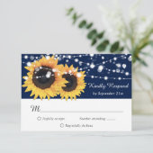 Rustic Navy Blue Burlap Sunflower Wedding RSVP Kaartje (Staand voorkant)