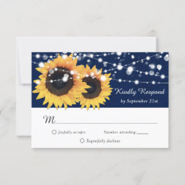 Rustic Navy Blue Burlap Sunflower Wedding RSVP Kaartje