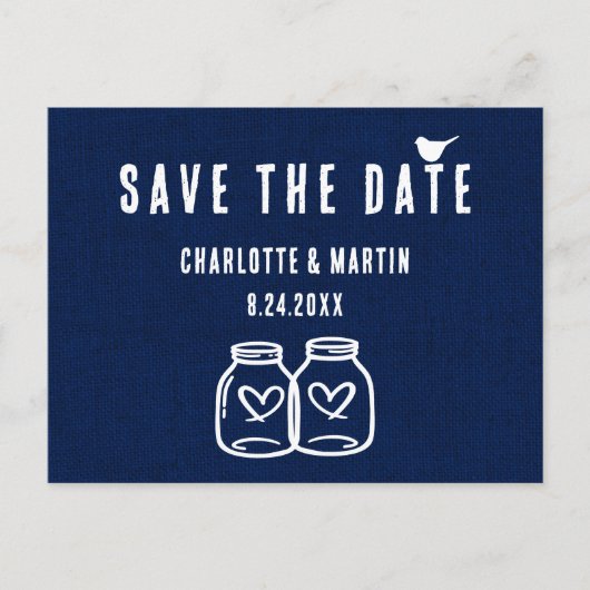 Rustic Navy Blue Burlap Wedding Save the Date Aankondigingskaart (Voorkant)