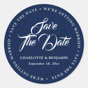 Rustic Navy Blue Burlap Wedding Save the Date Ronde Sticker