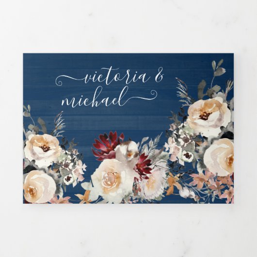 Rustic Navy Blue Cream Bourgogne & Perzik Huwelijk Drieluik Uitnodiging (Cover)