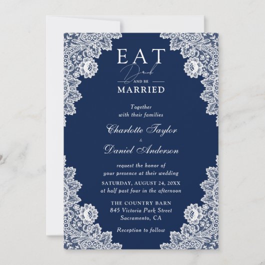 Rustic Navy Blue Eat Drink and be huwelijkshuwelij Kaart (Voorkant)