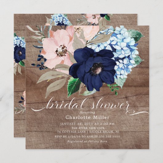 Rustic Navy Blue en Blush Flowers Vrijgezellenfees Kaart (Voorkant / Achterkant)