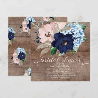 Rustic Navy Blue en Blush Flowers Vrijgezellenfees Kaart