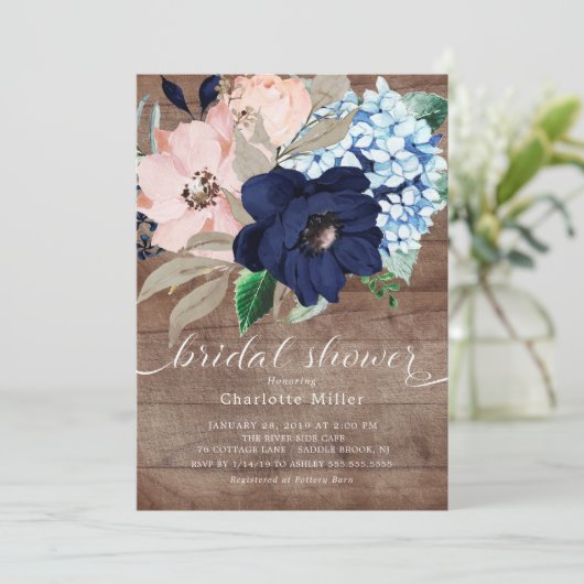 Rustic Navy Blue en Blush Flowers Vrijgezellenfees Kaart (Staand voorkant)