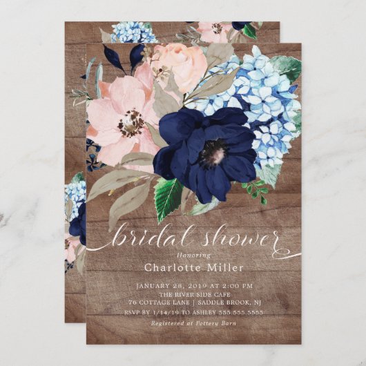 Rustic Navy Blue en Blush Flowers Vrijgezellenfees Kaart (Voorkant / Achterkant)