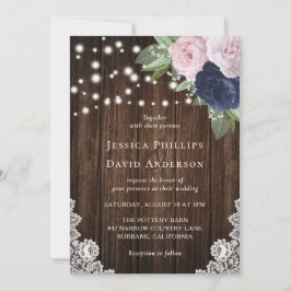 Rustic Navy Blue en Blush Wedding Invitations Kaart