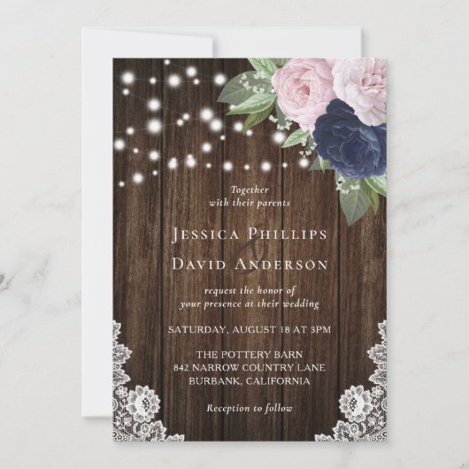 Rustic Navy Blue en Blush Wedding Invitations Kaart (Voorkant)