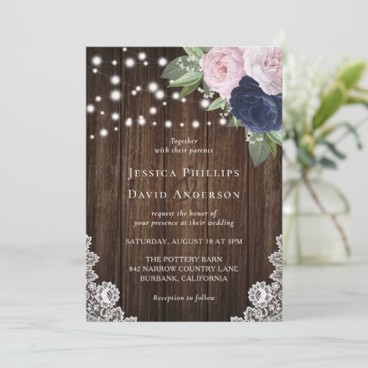 Rustic Navy Blue en Blush Wedding Invitations Kaart (Staand voorkant)