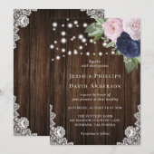Rustic Navy Blue en Blush Wedding Invitations Kaart (Voorkant / Achterkant)