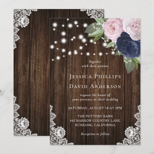 Rustic Navy Blue en Blush Wedding Invitations Kaart (Voorkant / Achterkant)