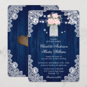 Rustic Navy Blue en Blush Wood Wedding Kaart (Voorkant / Achterkant)