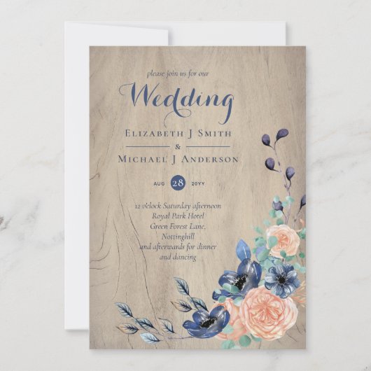 Rustic Navy Blue en Oranje Wedding Woodland (Voorkant)