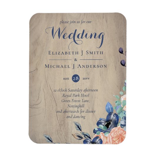 Rustic Navy Blue en Oranje Wedding Woodland Magneet (Verticaal)