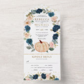 Rustic Navy Blue en Peach Floral Pumpkin Wedding All In One Uitnodiging (Binnen)