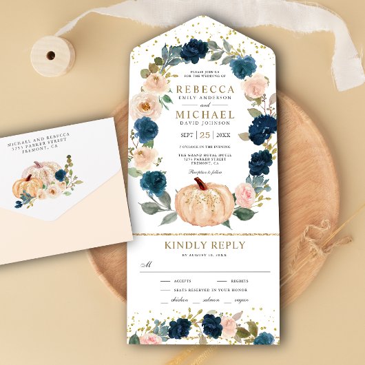 Rustic Navy Blue en Peach Floral Pumpkin Wedding All In One Uitnodiging