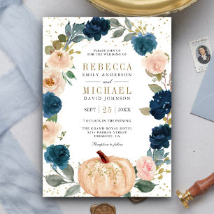 Rustic Navy Blue en Peach Floral Pumpkin Wedding Kaart