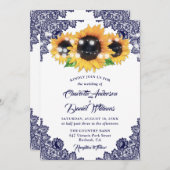 Rustic Navy Blue Floral Lace Sunflower Wedding Kaart (Voorkant / Achterkant)