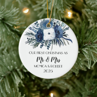 Rustic Navy Blue Floral Rozen Eerste Kerstdag Keramisch Ornament