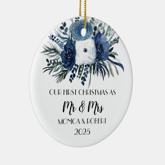 Rustic Navy Blue Floral Rozen Eerste Kerstdag Keramisch Ornament (Rechts)