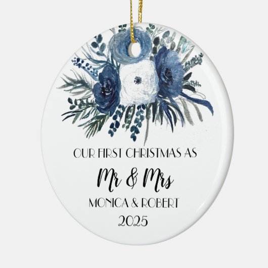 Rustic Navy Blue Floral Rozen Eerste Kerstdag Keramisch Ornament (Links)