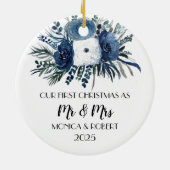 Rustic Navy Blue Floral Rozen Eerste Kerstdag Keramisch Ornament (Achterkant)