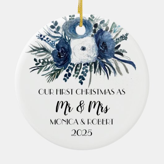 Rustic Navy Blue Floral Rozen Eerste Kerstdag Keramisch Ornament (Achterkant)