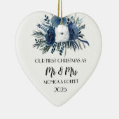 Rustic Navy Blue Floral Rozen Eerste Kerstdag Keramisch Ornament (Rechts)