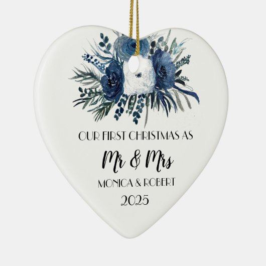 Rustic Navy Blue Floral Rozen Eerste Kerstdag Keramisch Ornament (Rechts)