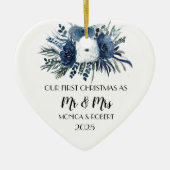 Rustic Navy Blue Floral Rozen Eerste Kerstdag Keramisch Ornament (Voorkant)