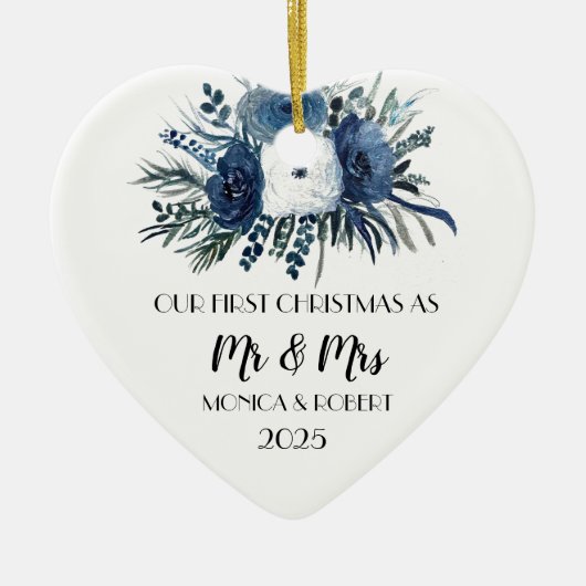 Rustic Navy Blue Floral Rozen Eerste Kerstdag Keramisch Ornament (Voorkant)