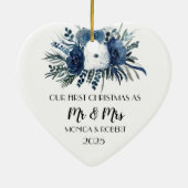 Rustic Navy Blue Floral Rozen Eerste Kerstdag Keramisch Ornament (Achterkant)