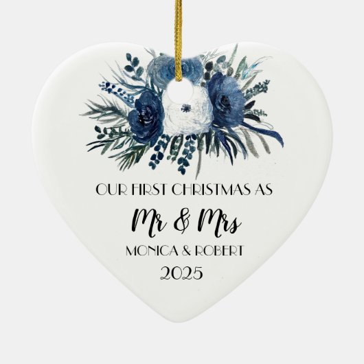 Rustic Navy Blue Floral Rozen Eerste Kerstdag Keramisch Ornament (Achterkant)