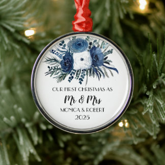 Rustic Navy Blue Floral Rozen Eerste Kerstdag Metalen Ornament