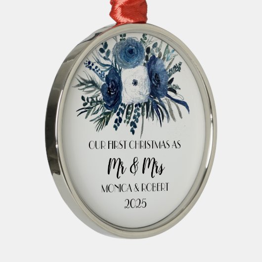 Rustic Navy Blue Floral Rozen Eerste Kerstdag Metalen Ornament (Rechts)