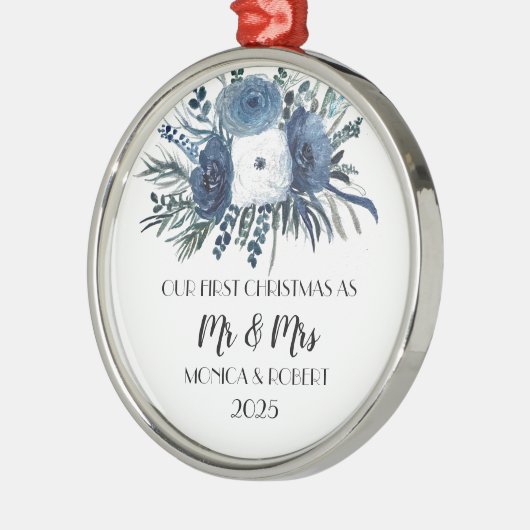 Rustic Navy Blue Floral Rozen Eerste Kerstdag Metalen Ornament (Links)