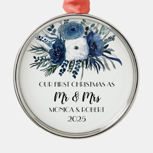 Rustic Navy Blue Floral Rozen Eerste Kerstdag Metalen Ornament (Voorkant)
