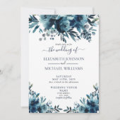 Rustic Navy Blue Floral Script Wedding Kaart (Voorkant)