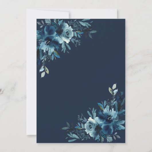 Rustic Navy Blue Floral Script Wedding Kaart (Achterkant)